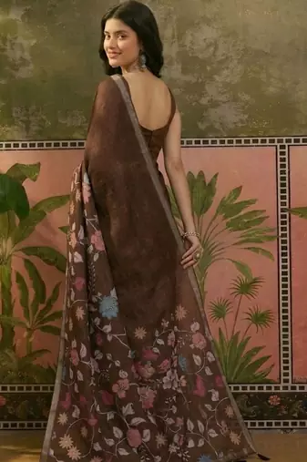 Brown linen printed saree with blouse