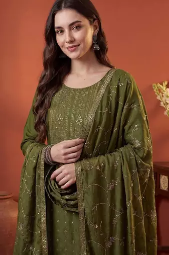 Women Ethnic Actual Woven design Regular Sequinned Kurta With Trousers & Dupatta