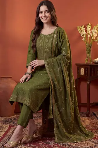Women Ethnic Actual Woven design Regular Sequinned Kurta With Trousers & Dupatta