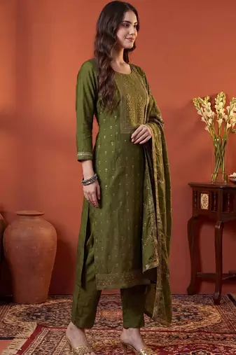 Women Ethnic Actual Woven design Regular Sequinned Kurta With Trousers & Dupatta
