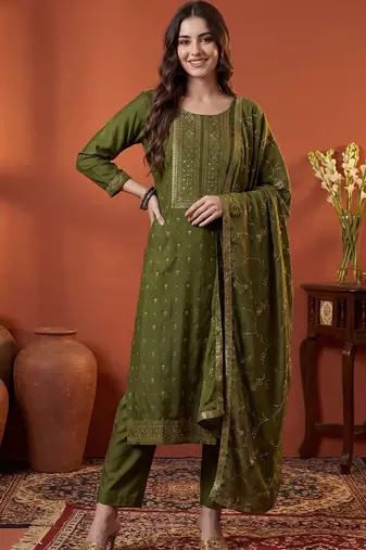 Women Ethnic Actual Woven design Regular Sequinned Kurta With Trousers & Dupatta