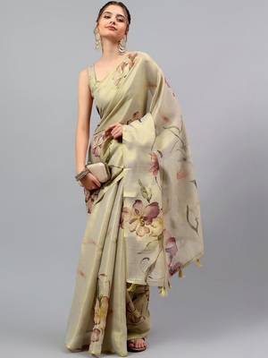 Beige tussar printed saree with blouse 1