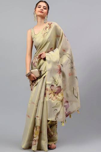 Beige tussar printed saree with blouse