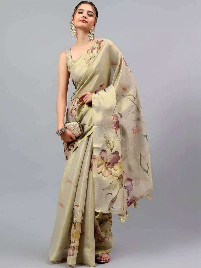 Beige tussar printed saree with blouse