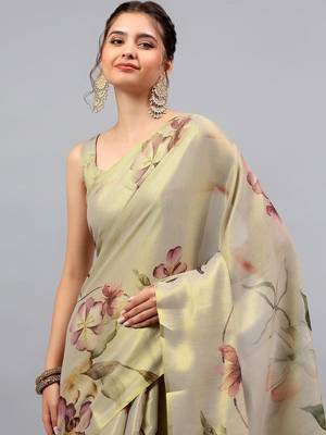 Beige tussar printed saree with blouse 2