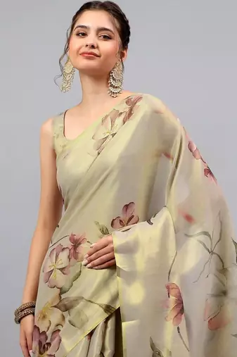 Beige tussar printed saree with blouse