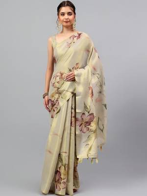 Beige tussar printed saree with blouse 3