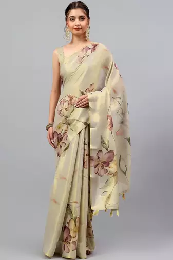 Beige tussar printed saree with blouse