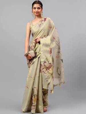 Beige tussar printed saree with blouse 4