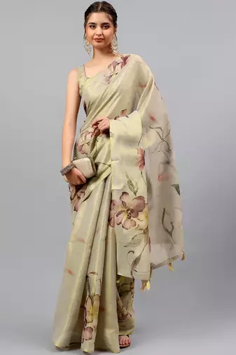 Beige tussar printed saree with blouse