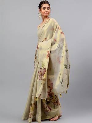 Beige tussar printed saree with blouse 5