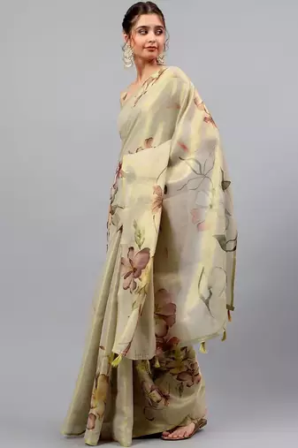 Beige tussar printed saree with blouse
