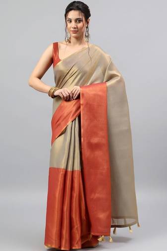 Gold tussar solid saree with blouse