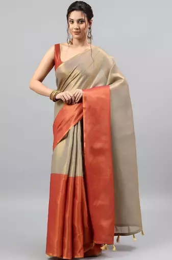 Gold tussar solid saree with blouse