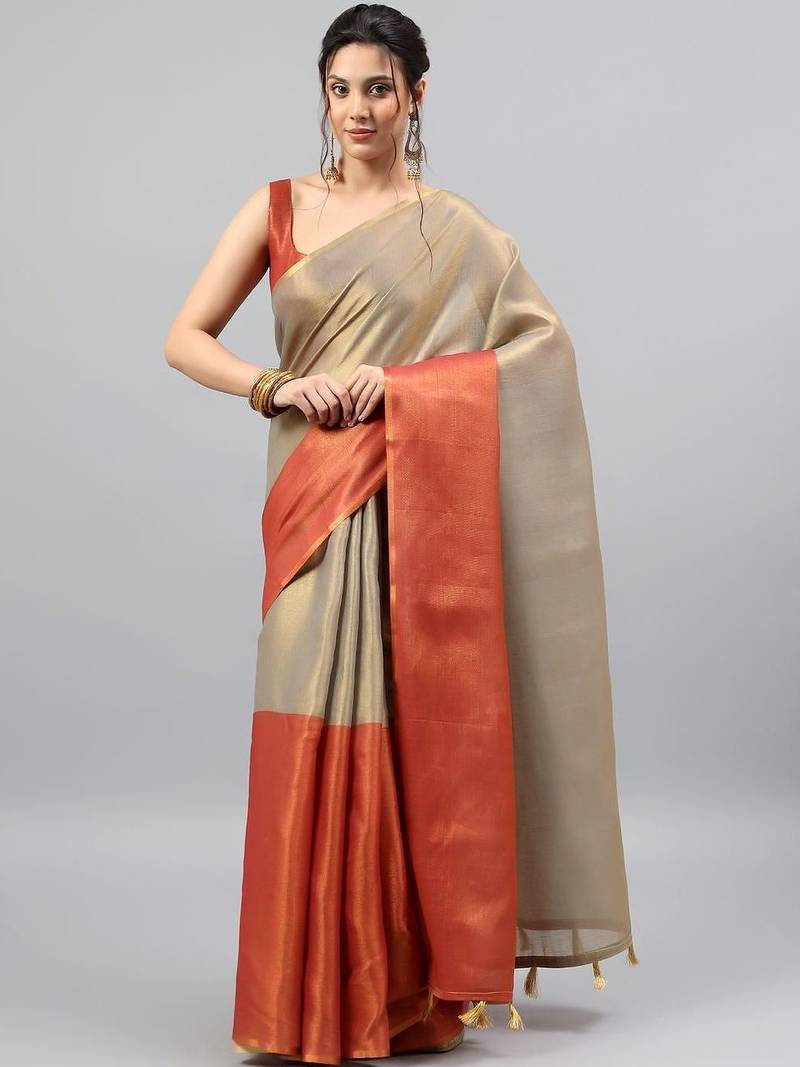 Gold tussar solid saree with blouse