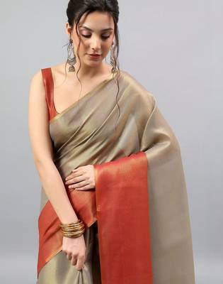 Gold tussar solid saree with blouse 2