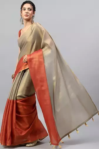 Gold tussar solid saree with blouse