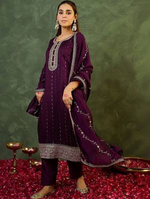 Women Embroidered Regular Sequinned Kurta with Trousers & With Dupatta 1