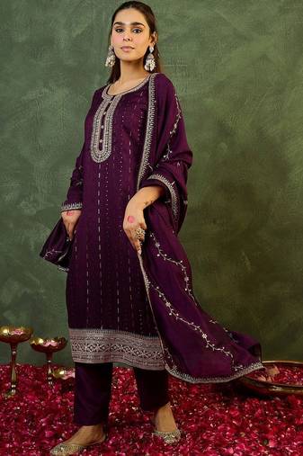 Women Embroidered Regular Sequinned Kurta with Trousers & With Dupatta