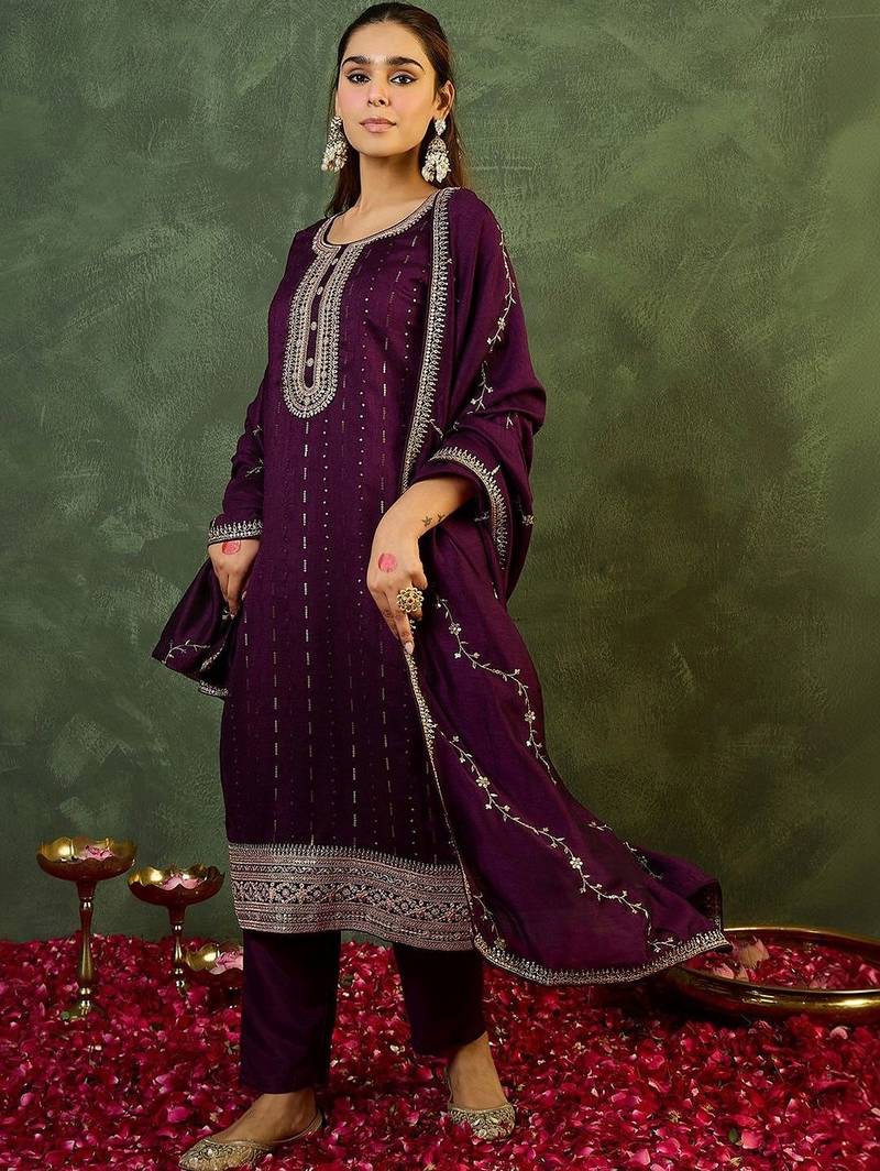 Women Embroidered Regular Sequinned Kurta with Trousers & With Dupatta