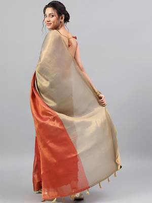 Gold tussar solid saree with blouse 5