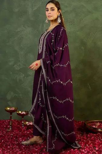 Women Embroidered Regular Sequinned Kurta with Trousers & With Dupatta