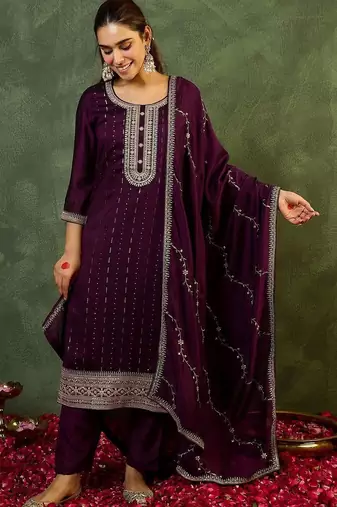 Women Embroidered Regular Sequinned Kurta with Trousers & With Dupatta