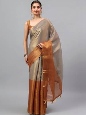 Grey tussar woven design saree with blouse 1