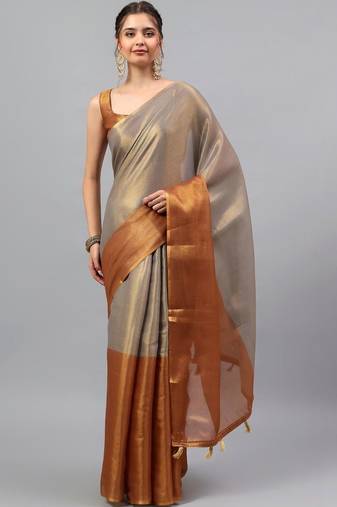 Grey tussar woven design saree with blouse