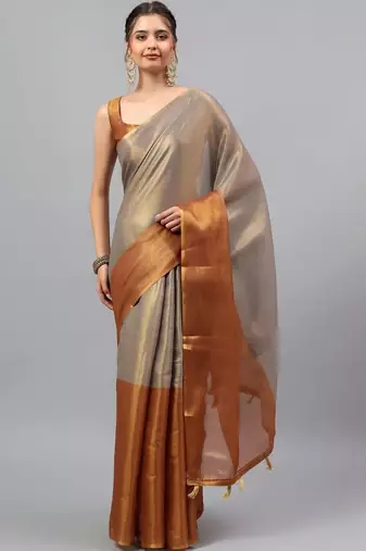 Grey tussar woven design saree with blouse