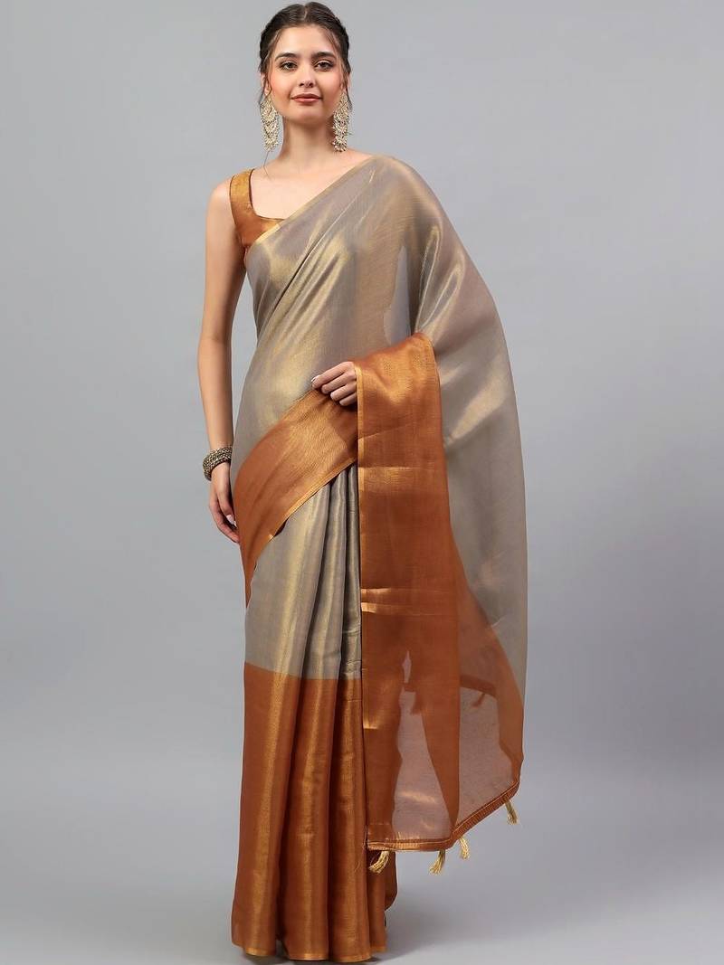 Grey tussar woven design saree with blouse