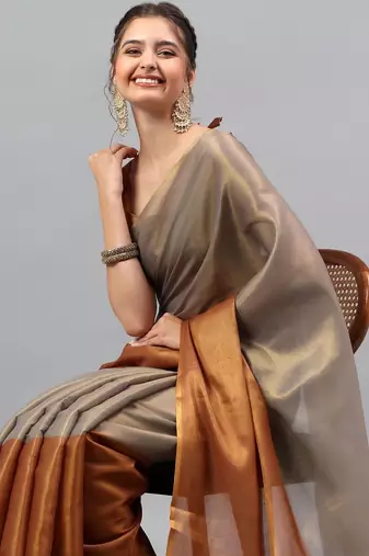Grey tussar woven design saree with blouse
