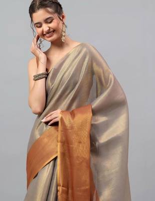 Grey tussar woven design saree with blouse 3