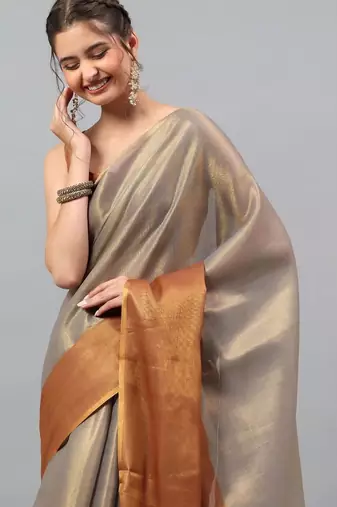 Grey tussar woven design saree with blouse