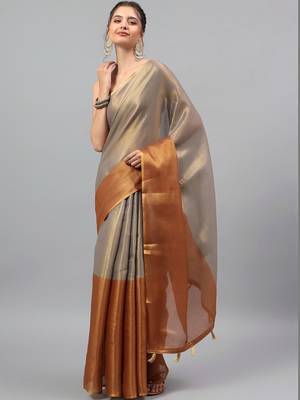 Grey tussar woven design saree with blouse 4