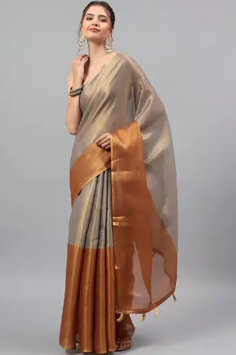 Grey tussar woven design saree with blouse