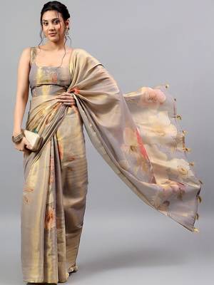 Grey tussar printed saree with blouse 1