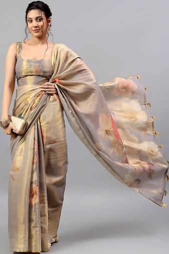 Grey tussar printed saree with blouse