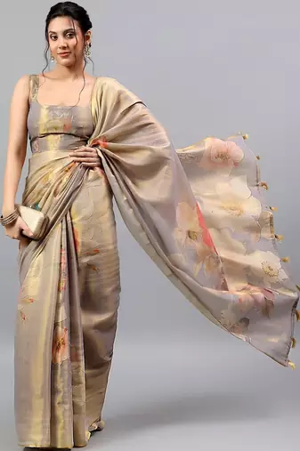 Grey tussar printed saree with blouse