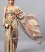 Grey tussar printed saree with blouse