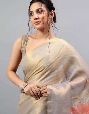Grey tussar printed saree with blouse 2