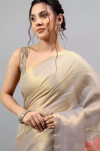 Grey tussar printed saree with blouse