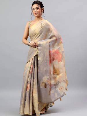 Grey tussar printed saree with blouse 3
