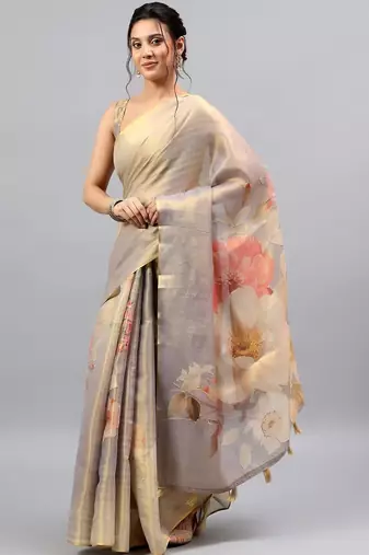 Grey tussar printed saree with blouse