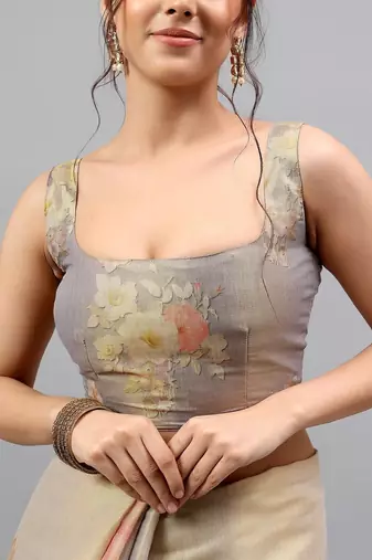 Grey tussar printed saree with blouse