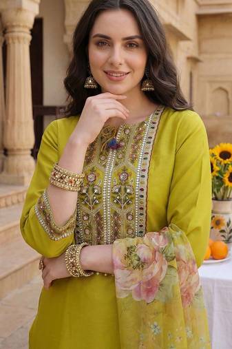 Women Ethnic Motifs Embroidered Panelled Sequinned Kurta with Trousers & With Dupatta