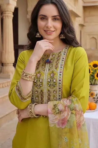 Women Ethnic Motifs Embroidered Panelled Sequinned Kurta with Trousers & With Dupatta