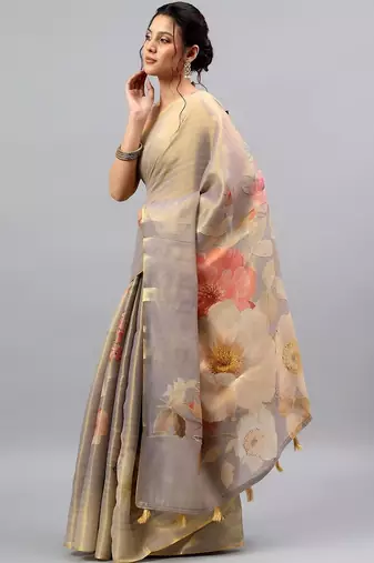 Grey tussar printed saree with blouse