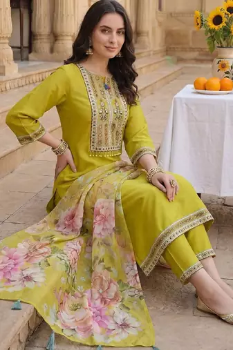 Women Ethnic Motifs Embroidered Panelled Sequinned Kurta with Trousers & With Dupatta