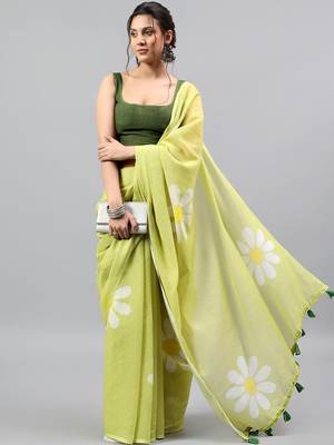 Lime linen printed saree with blouse 1